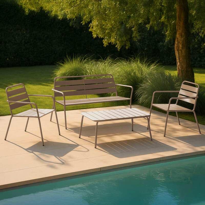 Salon de jardin 4 places en métal, 1 table basse, 2 fauteuils, 1 canapé