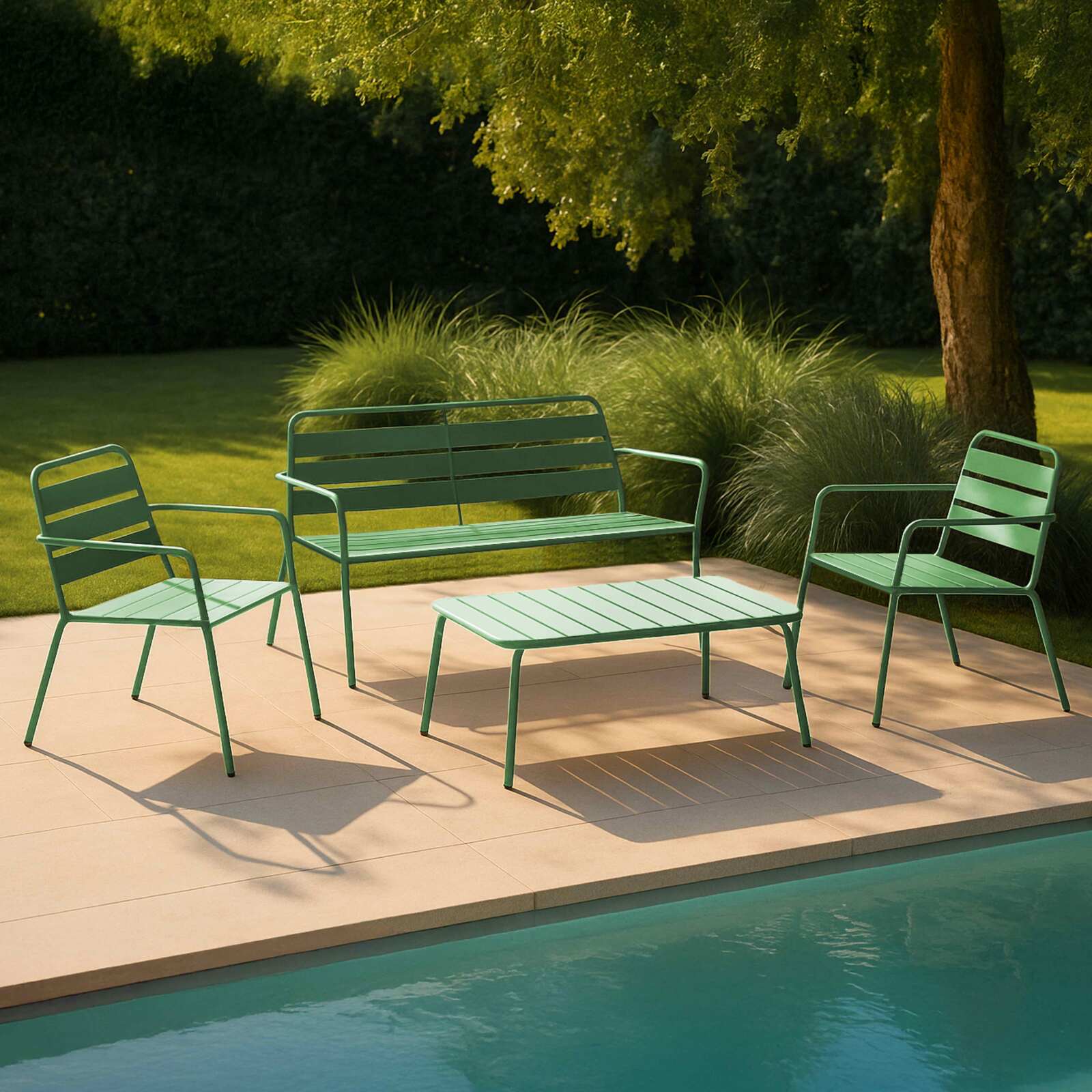 Salon de jardin 4 places en métal, 1 table basse, 2 fauteuils, 1 canapé