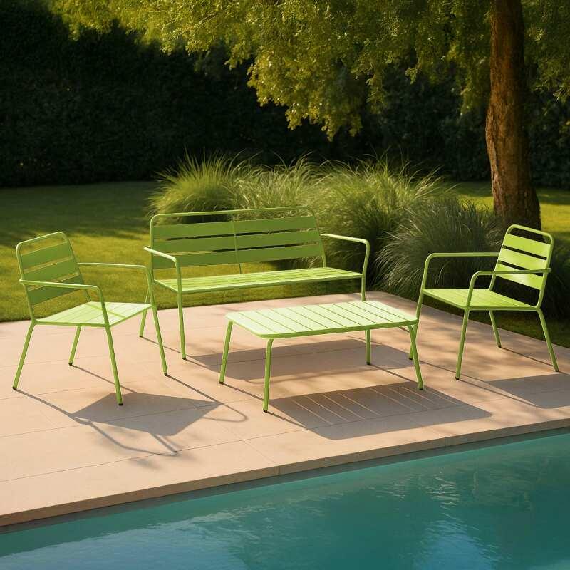 Salon de jardin 4 places en métal, 1 table basse, 2 fauteuils, 1 canapé
