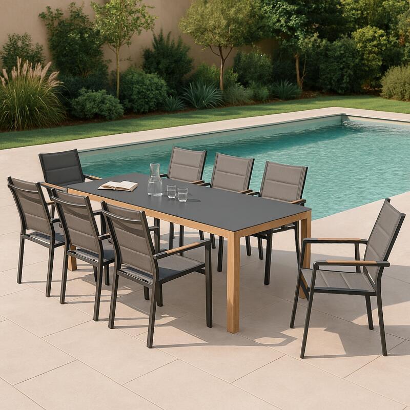 Table de jardin en aluminium effet bois et verre trempé 180x90 cm et 8 chaises avec accoudoirs en textilène
