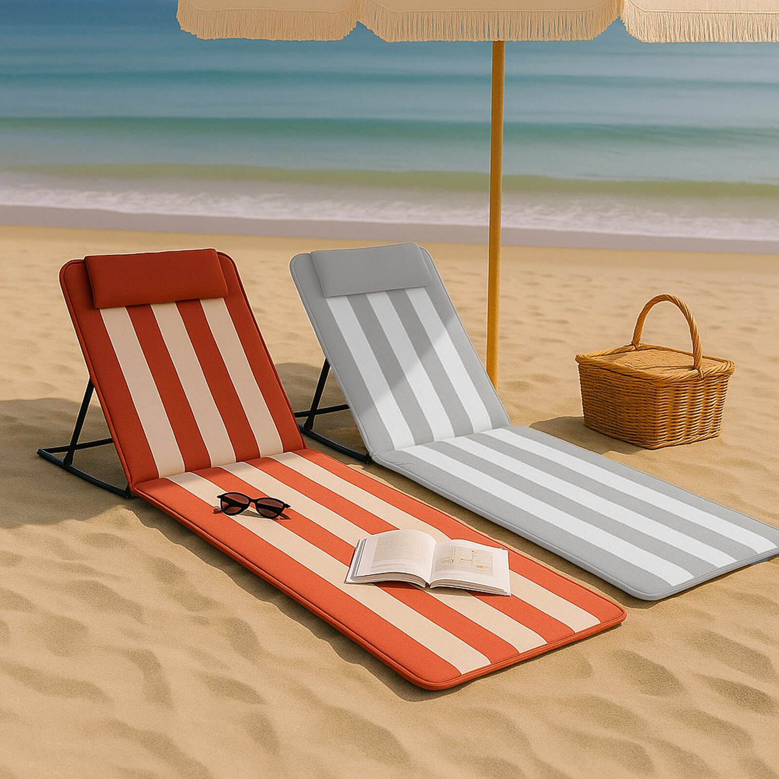 Lot de 2 matelas de plage pliants Fuschia/Blanc et Gris Clair/Blanc