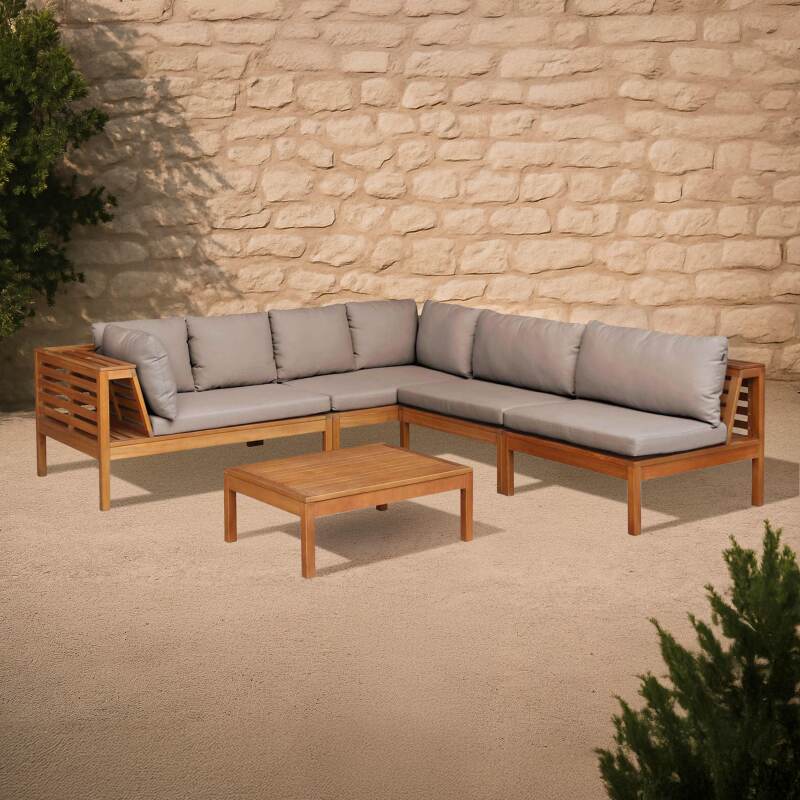 Salon de jardin bas d'angle 5 places avec table en bois d'eucalyptus FSC®