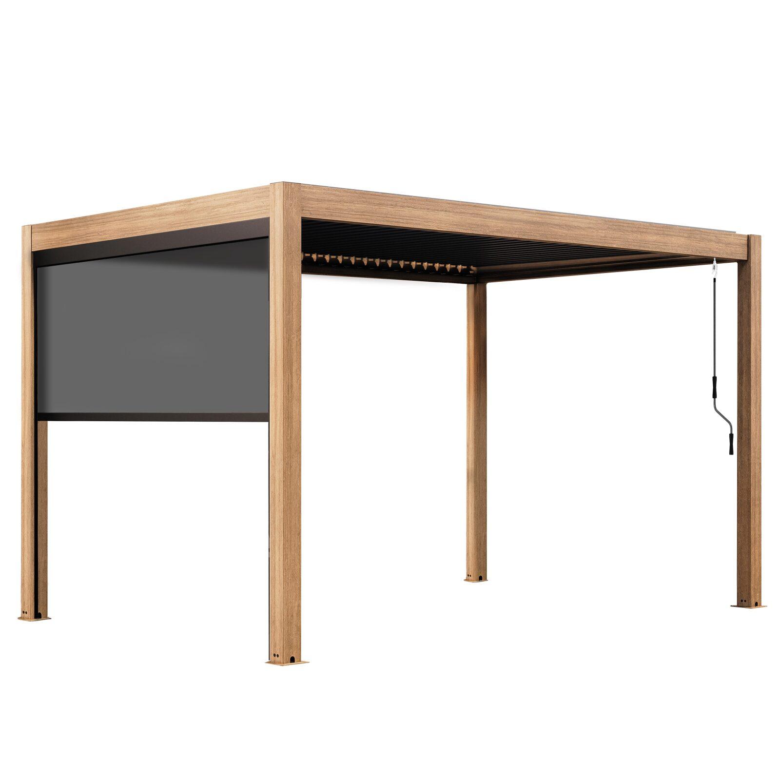 Pergola bioclimatique 4x3 m autoportée manuelle en aluminium effet bois et lattes grises avec store