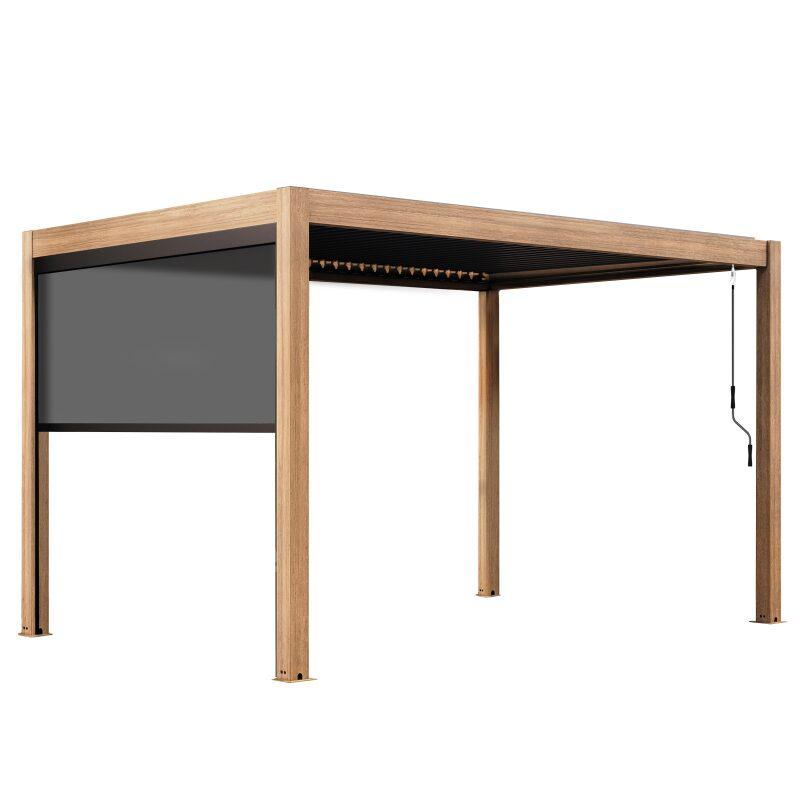 Pergola bioclimatique 4x3 m autoportée manuelle en aluminium effet bois et lattes grises avec store