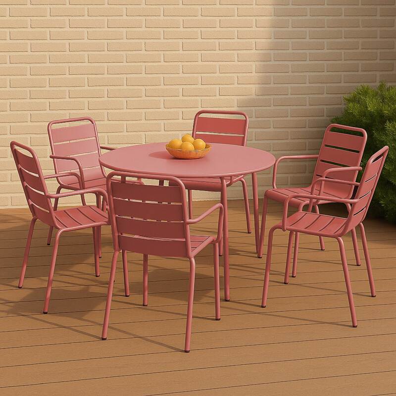 Table de jardin ronde en métal Ø120 cm et 6 chaises avec accoudoirs