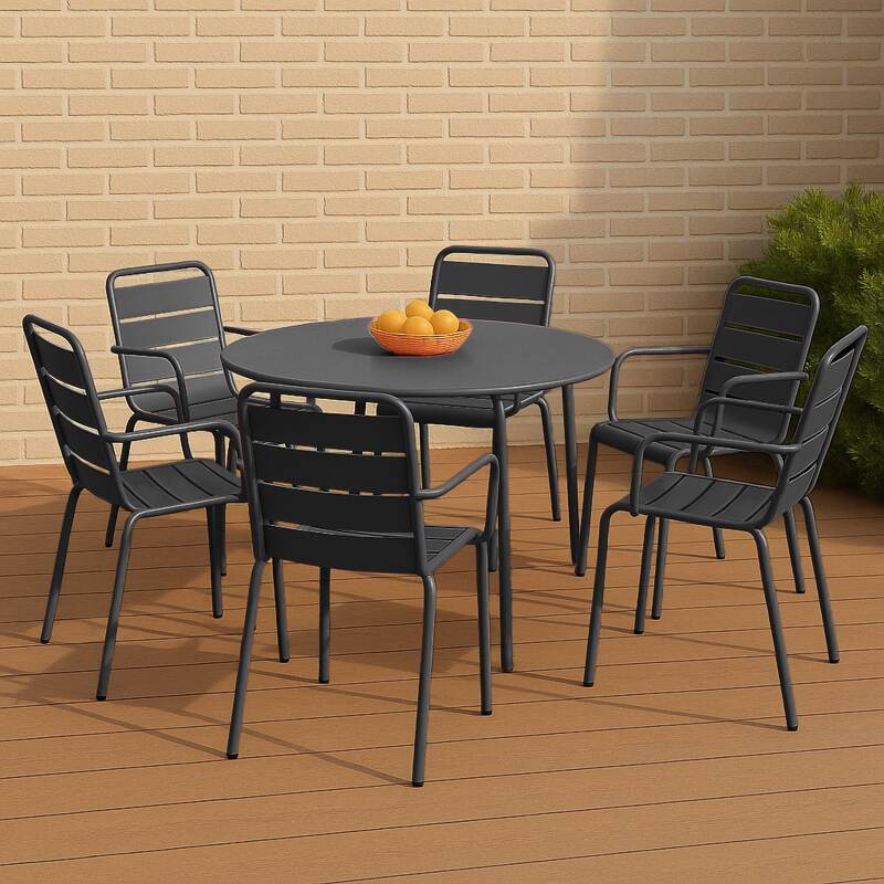 Table de jardin ronde en métal Ø120 cm et 6 chaises avec accoudoirs