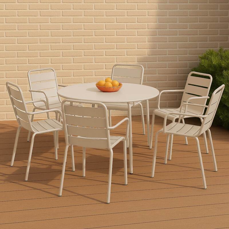 Table de jardin ronde en métal Ø120 cm et 6 chaises avec accoudoirs