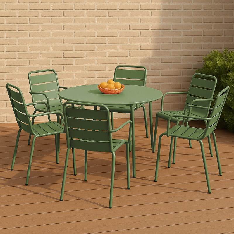 Table de jardin ronde en métal Ø120 cm et 6 chaises avec accoudoirs