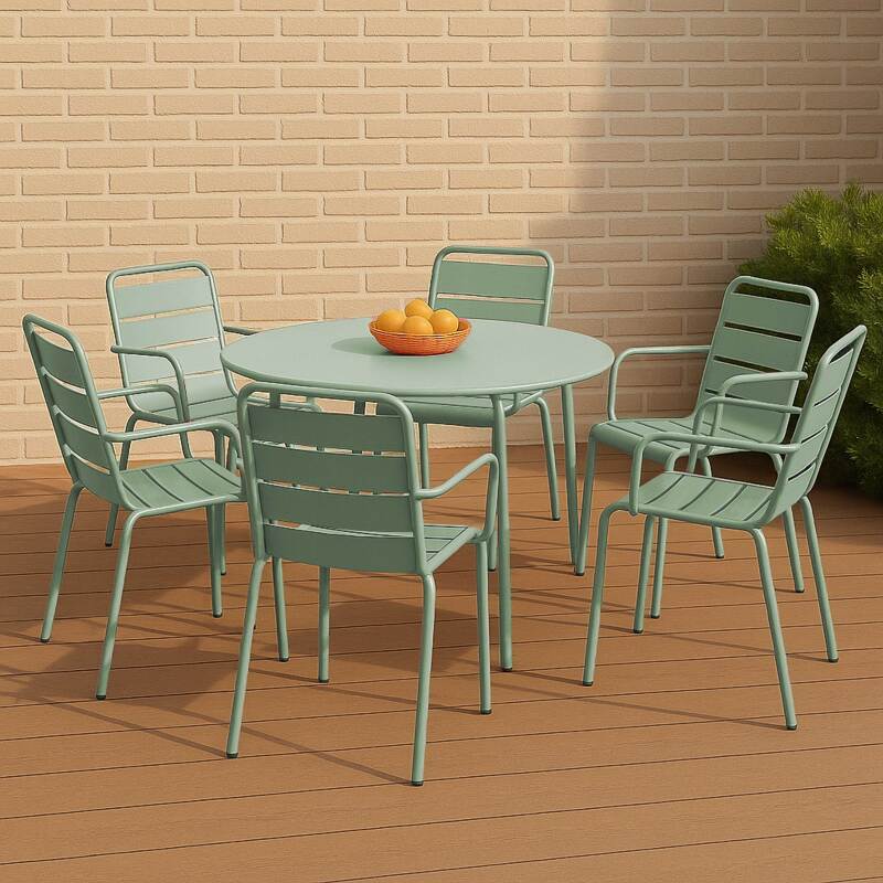 Table de jardin ronde en métal Ø120 cm et 6 chaises avec accoudoirs