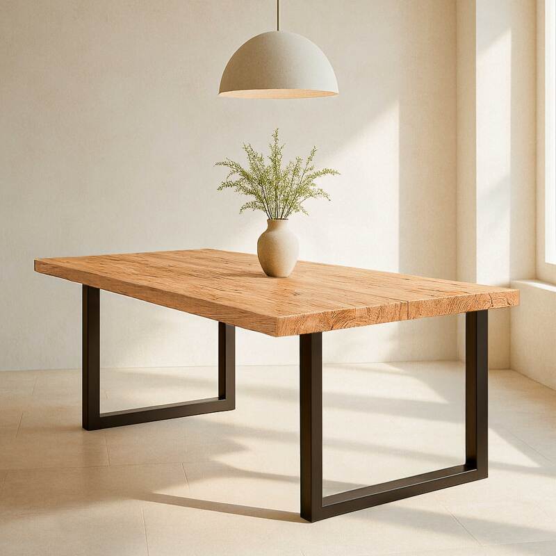 Table à manger rectangulaire en chêne FSC® avec bords irréguliers et pieds en forme de U
