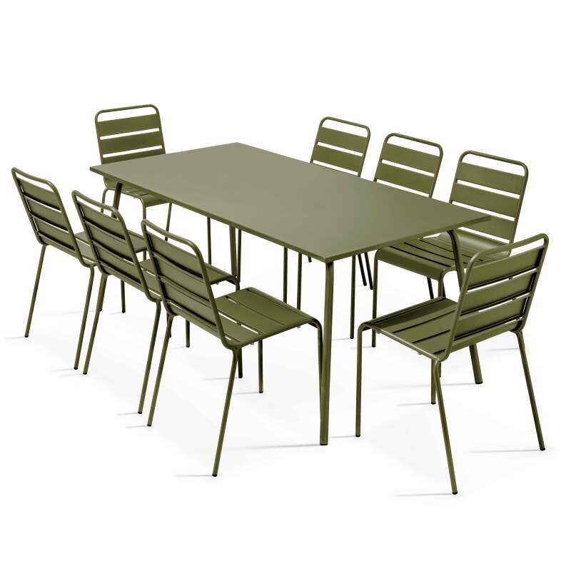 Table de jardin rectangulaire 180 x 90 cm et 8 chaises en métal