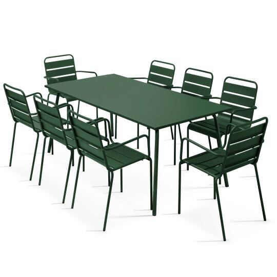 Table de jardin rectangulaire + 8 chaises  avec accoudoirs en métal | Oviala