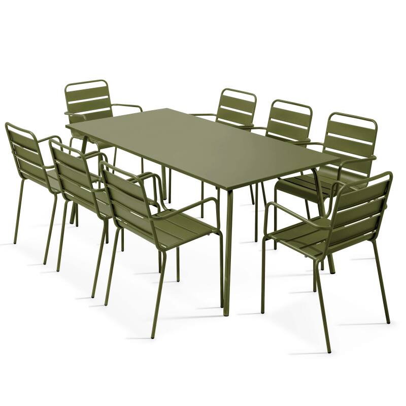 Table de jardin en métal 180x90 cm et 8 chaises avec accoudoirs