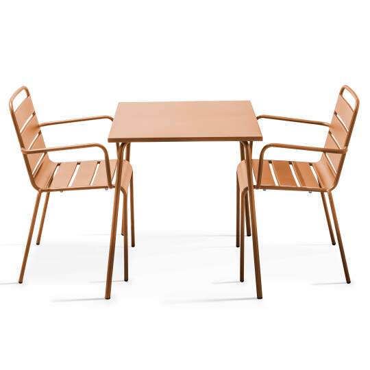 Table de jardin carrée + 2 chaises en métal empilables | Oviala