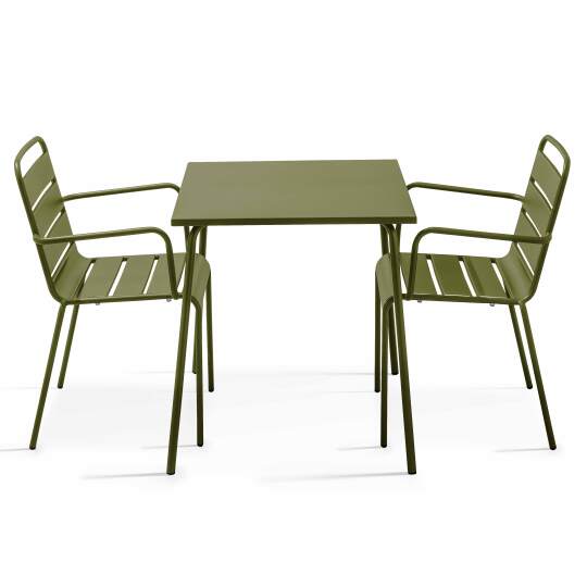 Table de jardin bistrot carrée en métal 70x70 cm et 2 chaises avec accoudoirs