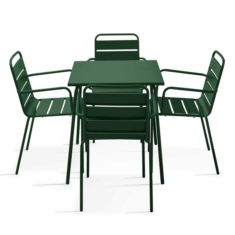 Table de jardin carrée en métal 70x70 cm et 4 chaises avec accoudoirs