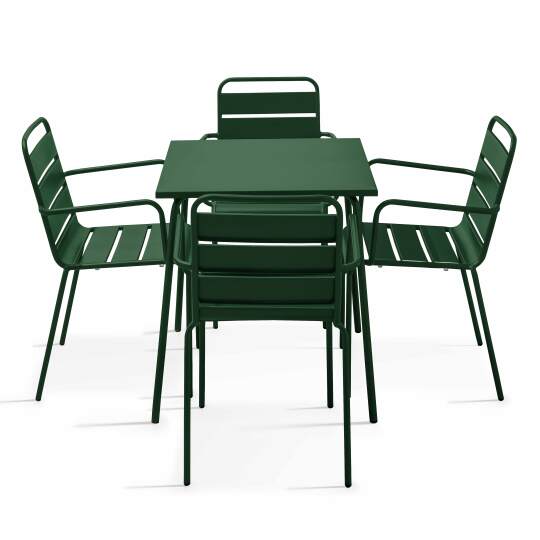 Table de jardin carrée en métal 70x70 cm et 4 chaises avec accoudoirs