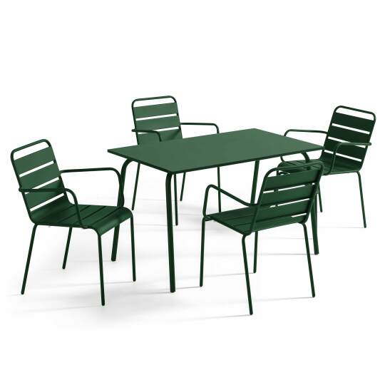 Table de jardin en métal 120x70 cm et 4 chaises avec accoudoirs