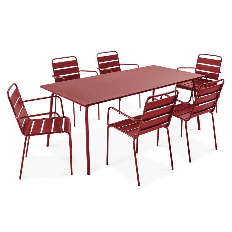Table de jardin en métal 180x90 cm et 6 chaises avec accoudoirs