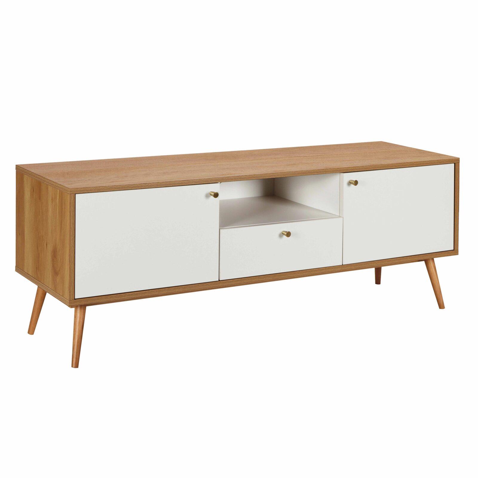 Meuble TV effet bois clair et blanc 150 cm scandinave