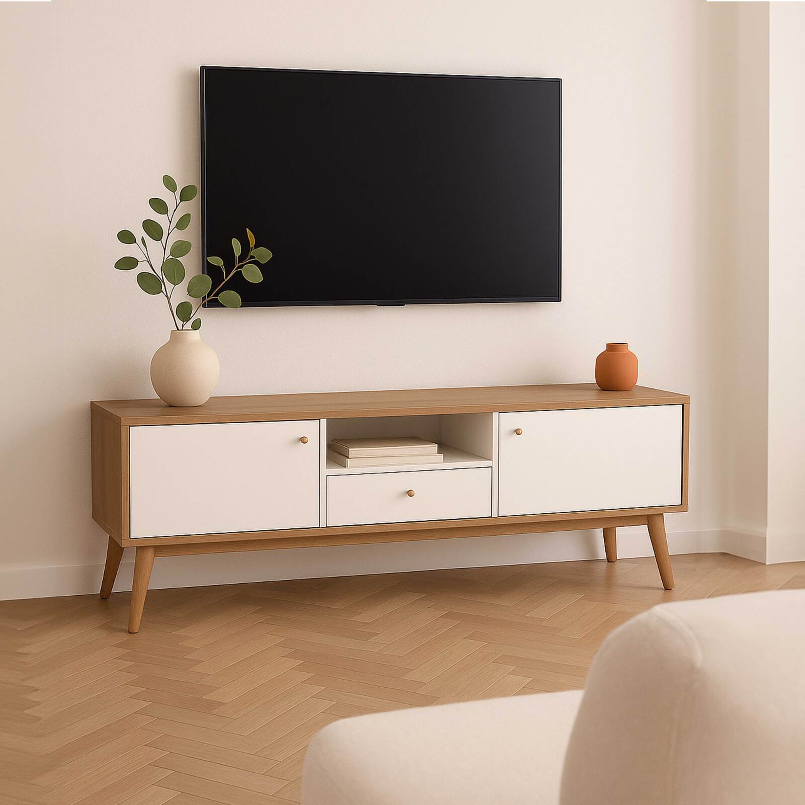 Meuble TV effet bois clair et blanc 150 cm scandinave