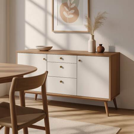 Buffet scandinave effet bois clair 2 portes 3 tiroirs 150 cm