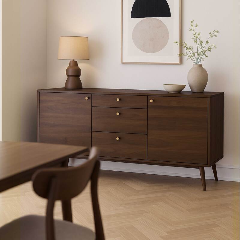 Buffet design effet bois foncé 2 portes 3 tiroirs 150 cm