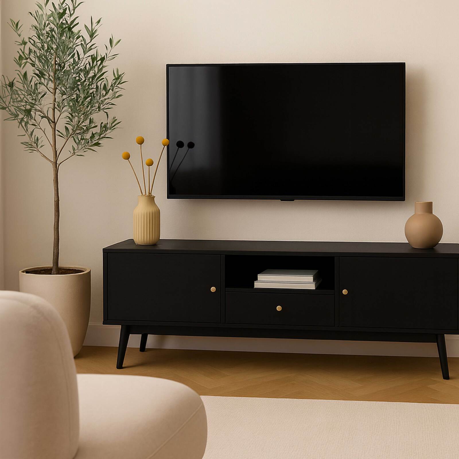 Meuble TV effet bois noir 150 cm design