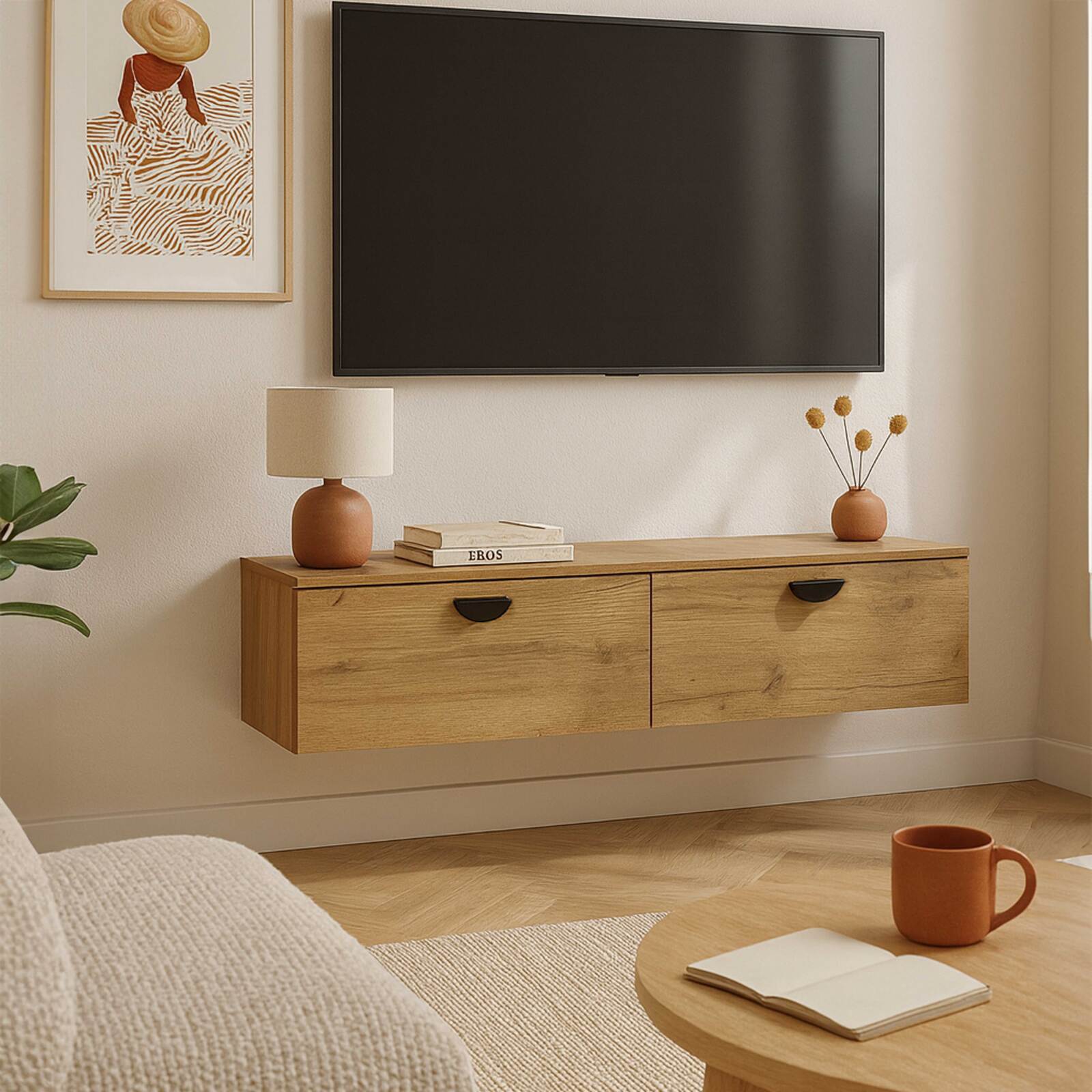 Meuble TV suspendu effet bois 120 cm style industriel 