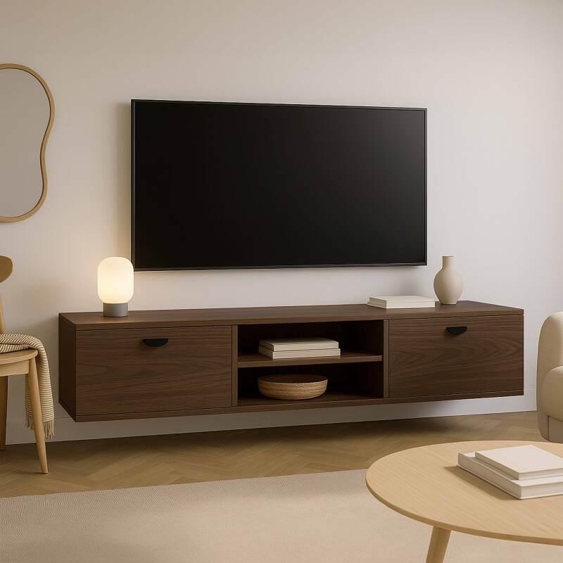 Meuble TV suspendu effet bois 160 cm style industriel 