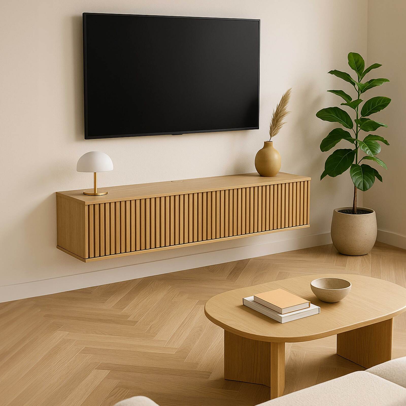 Meuble TV suspendu effet bois clair 120 cm style scandinave