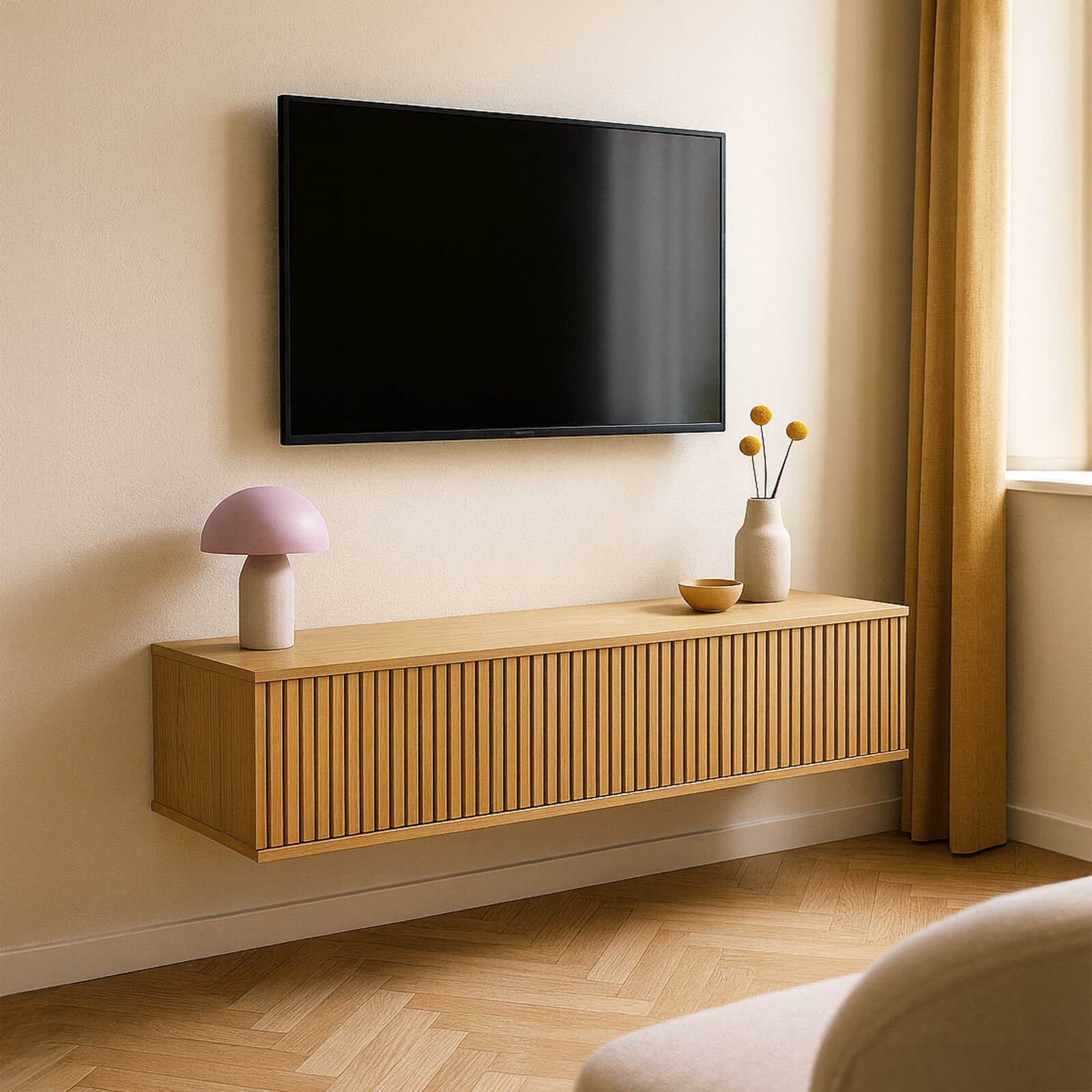 Meuble TV suspendu effet bois clair 120 cm style scandinave