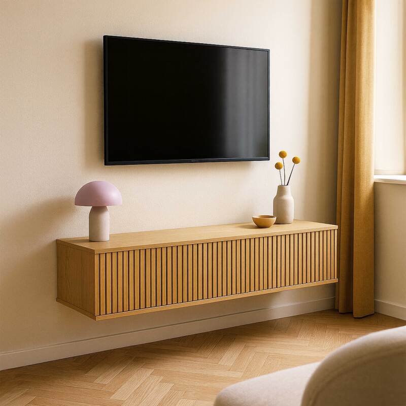 Meuble TV suspendu effet bois clair 120 cm style scandinave