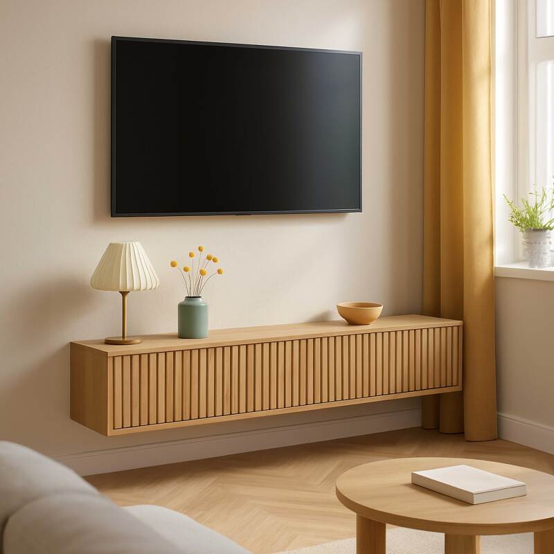 Meuble TV suspendu effet bois clair 160 cm style scandinave