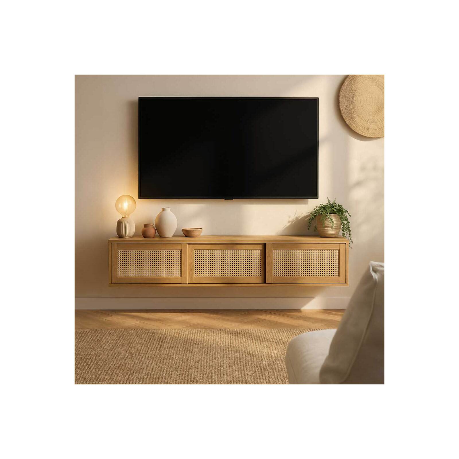 Meuble TV suspendu effet bois clair 160 cm style bohème