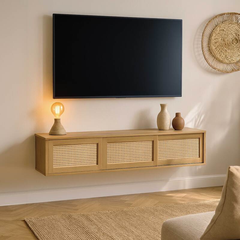 Meuble TV suspendu effet bois clair 160 cm style bohème