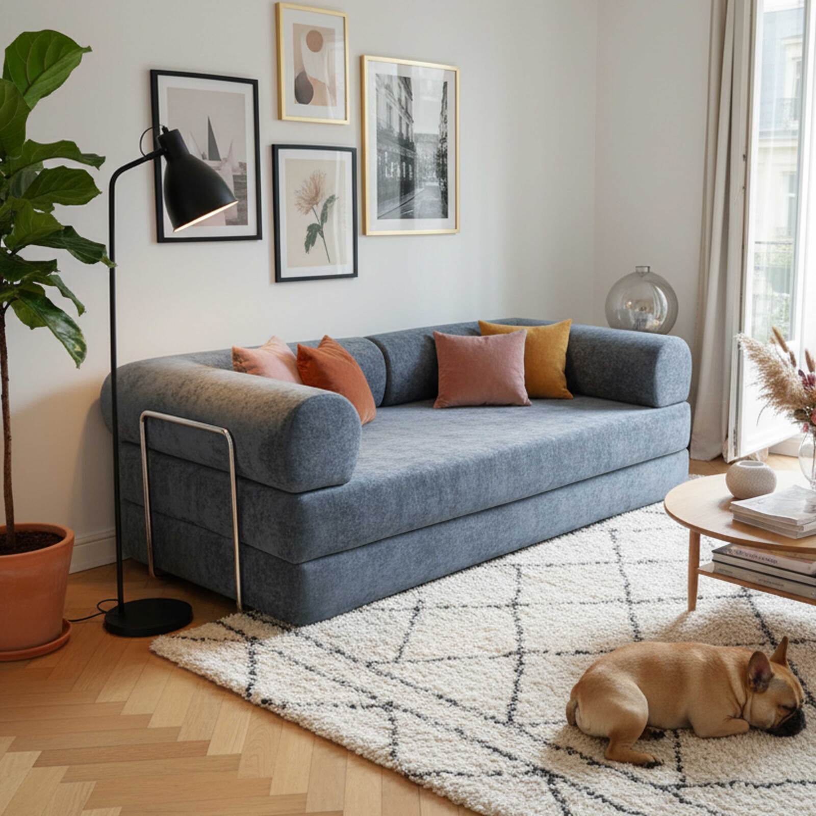 Canapé convertible 2 places en tissu avec coussins