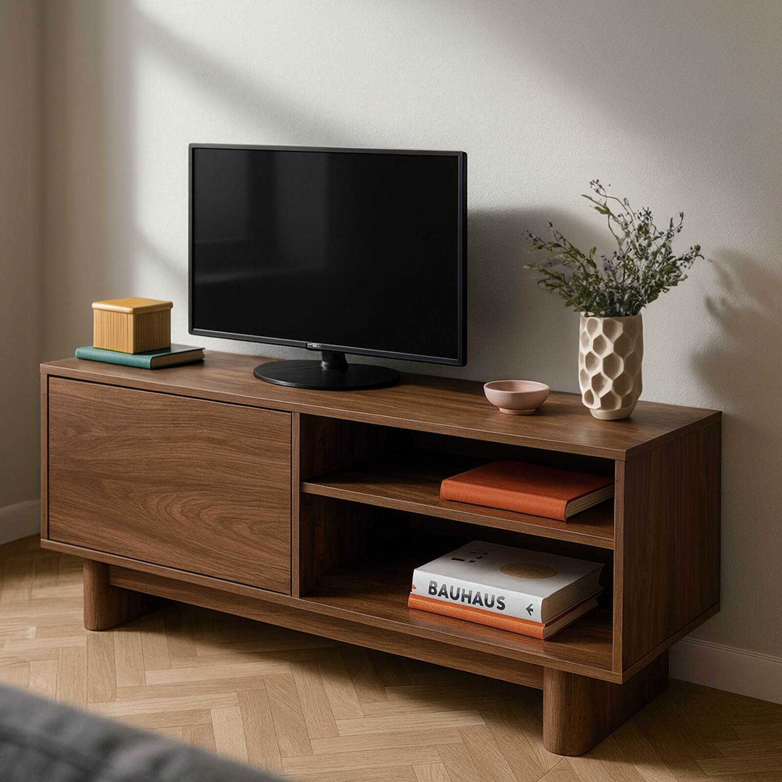 Meuble TV effet bois 120 cm style scandinave