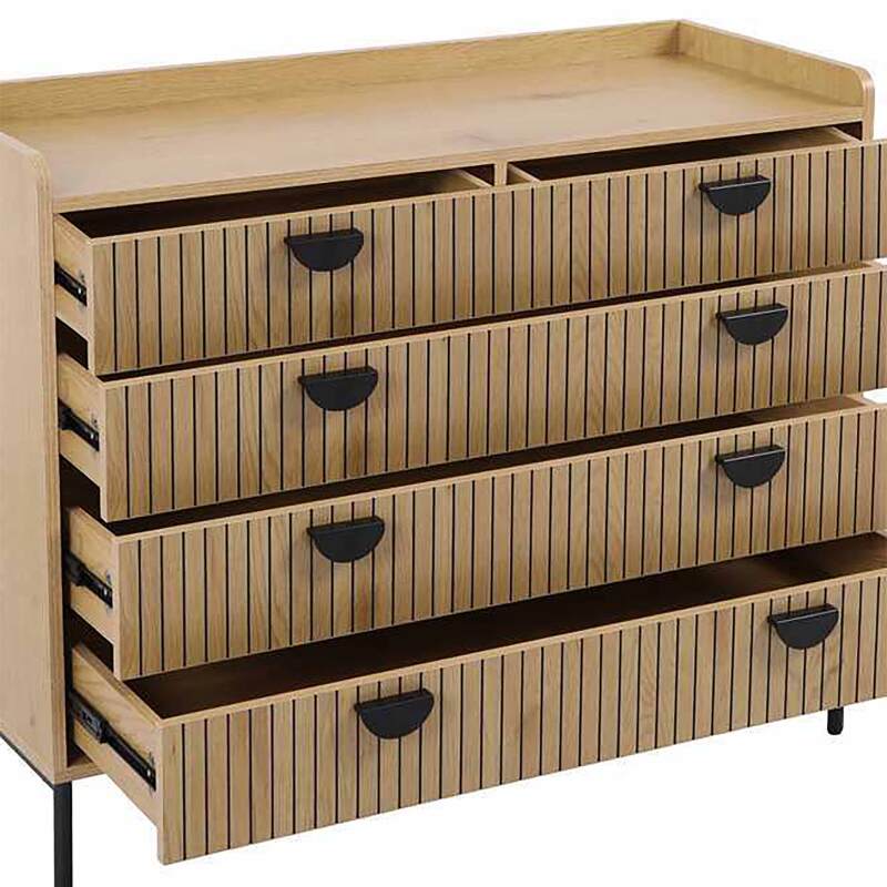Commode 5 tiroirs effet bois lattes et métal noir 100 cm