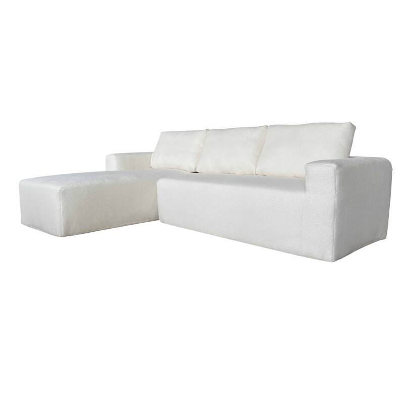 Canapé d'angle 4 places en tissu bouclette avec méridienne droite et coussins