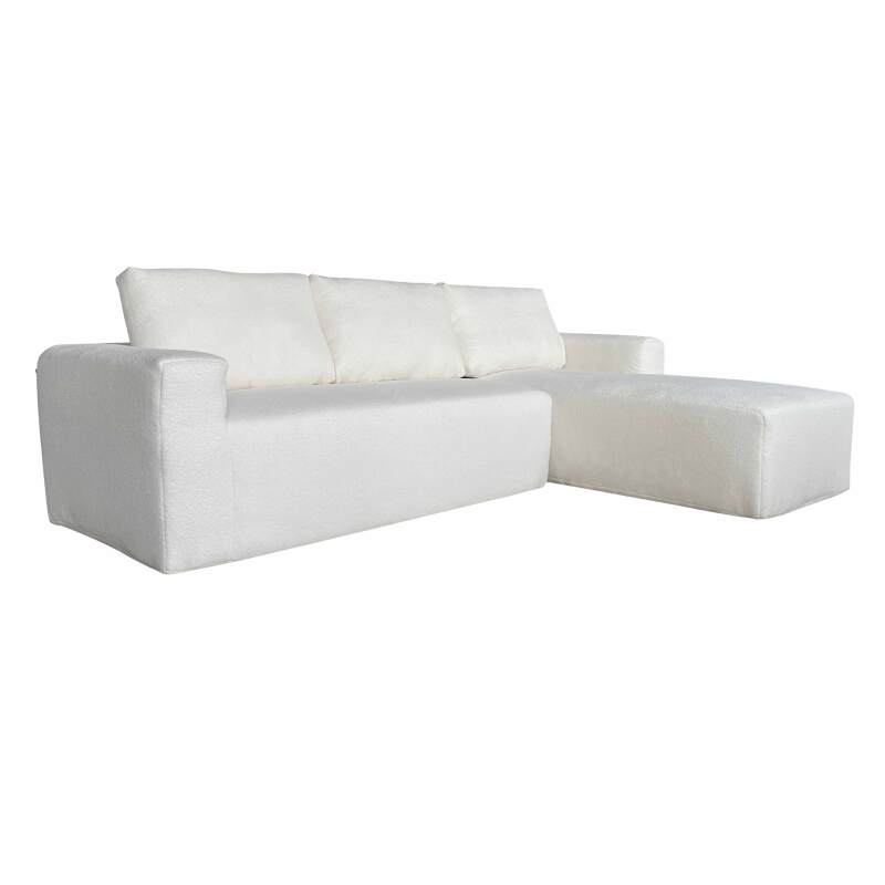 Canapé d'angle 4 places en tissu bouclette avec méridienne gauche et coussins