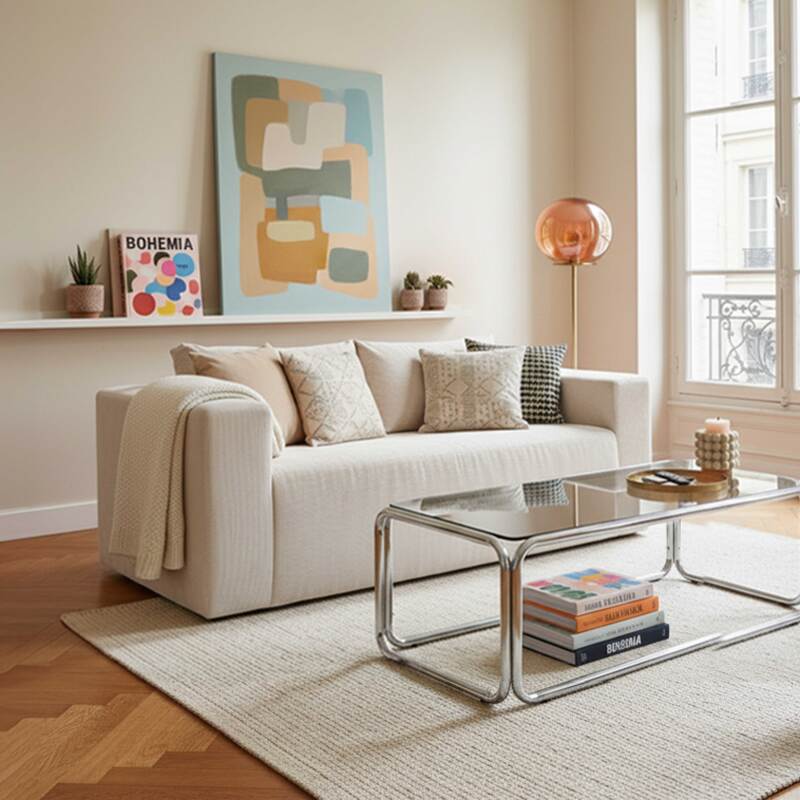 Canapé 2 places en tissu côtelé avec coussins