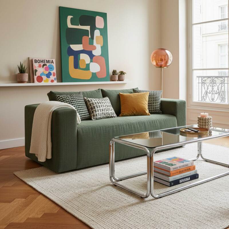 Canapé 2 places en tissu côtelé avec coussins