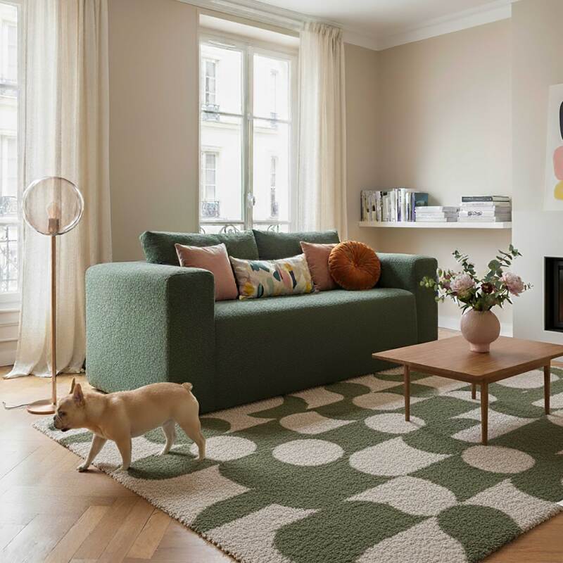 Canapé 2 places en tissu bouclette avec coussins