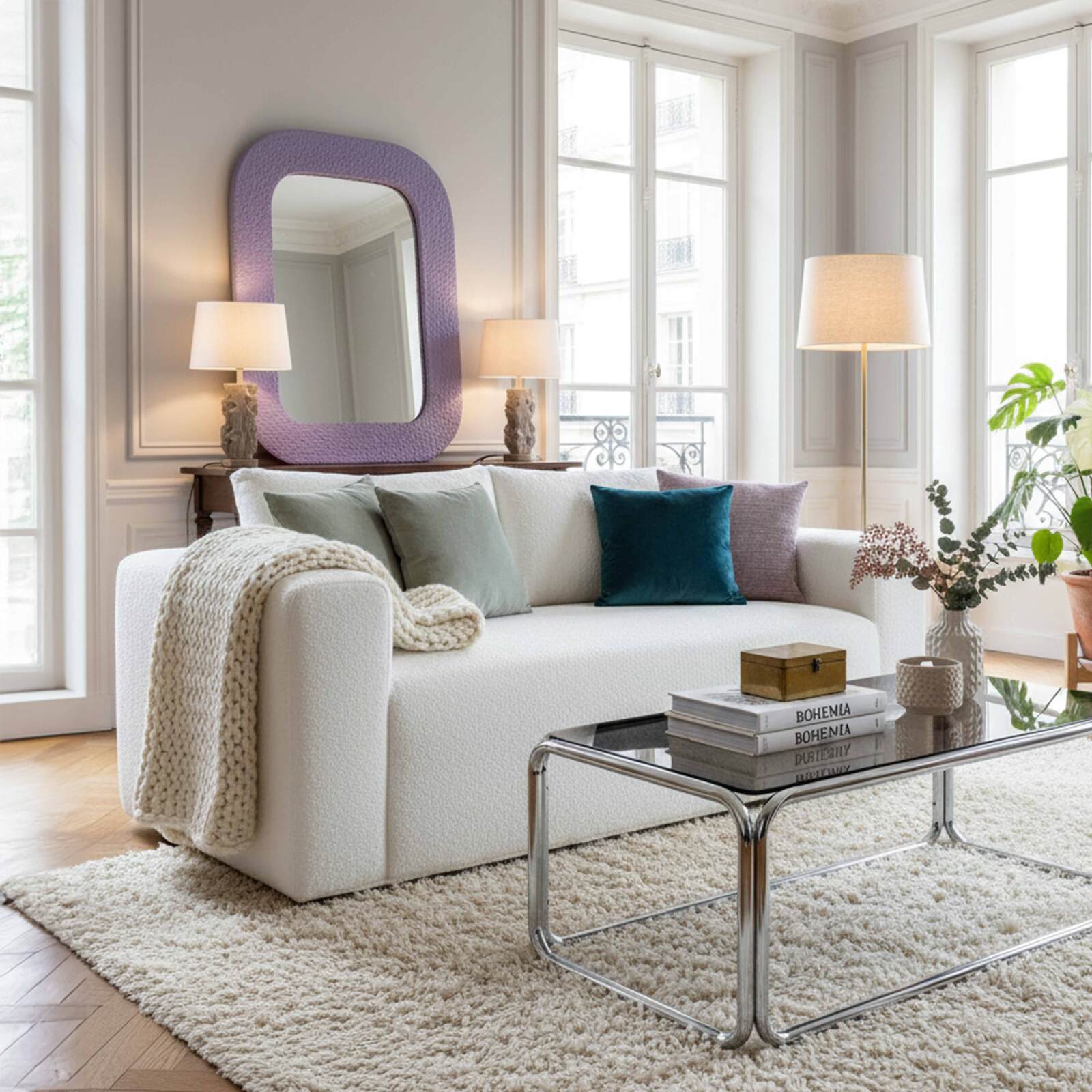 Canapé 2 places en tissu bouclette avec coussins