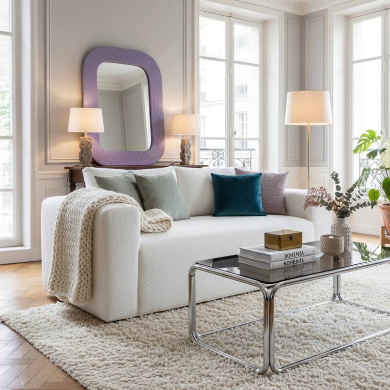 Canapé 2 places en tissu bouclette avec coussins