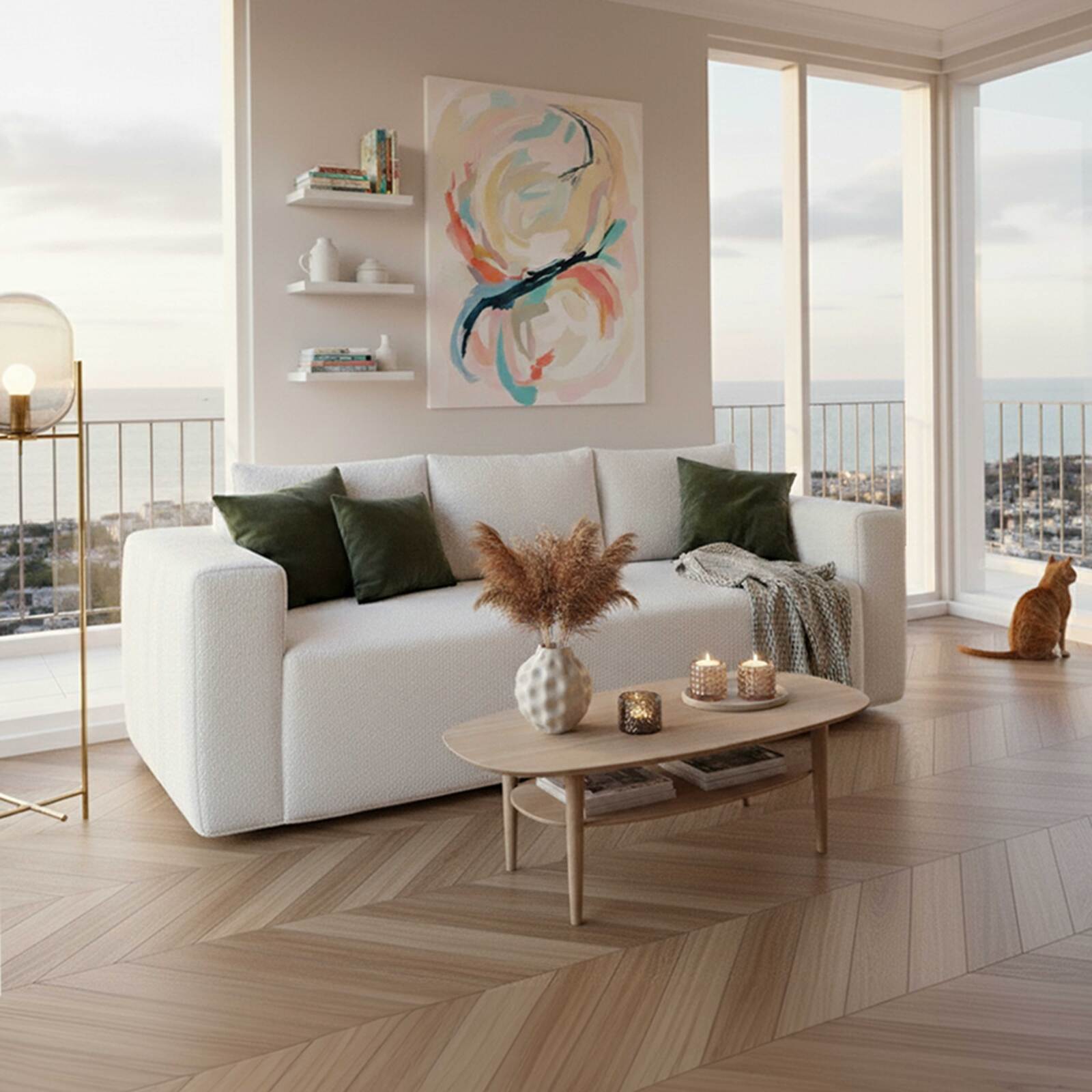 Canapé 3 places en tissu bouclette avec coussins