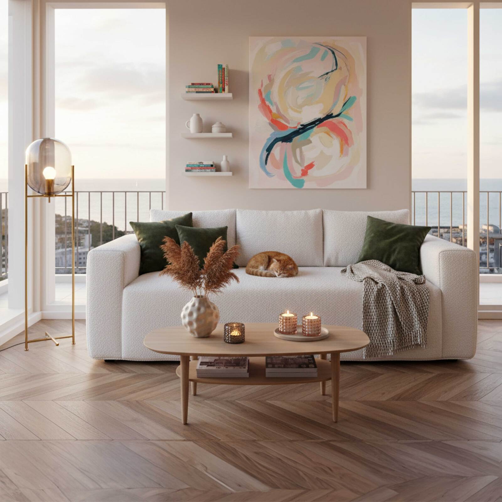 Canapé 3 places en tissu bouclette avec coussins