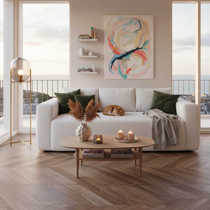 Canapé 3 places en tissu bouclette avec coussins