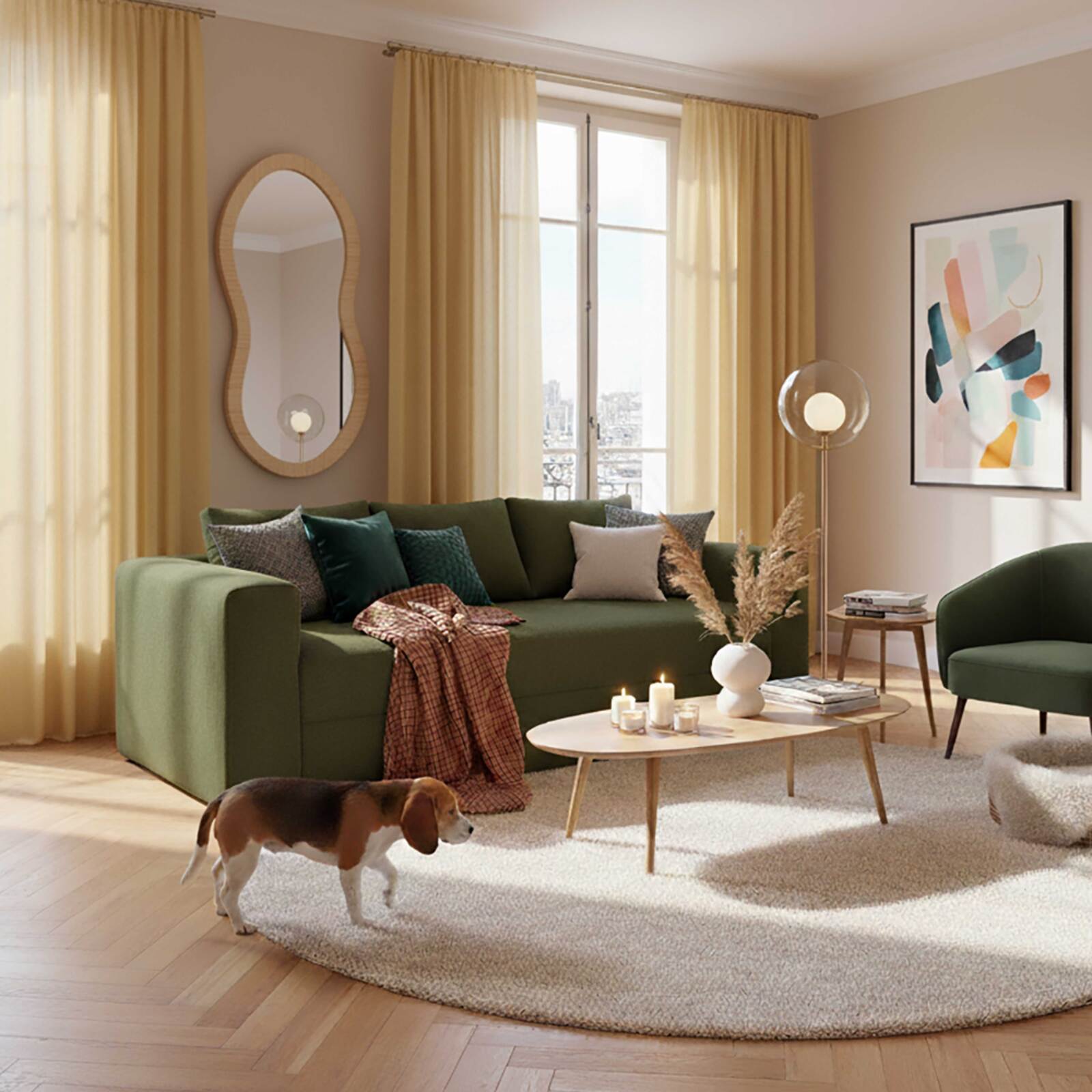 Canapé 3 places en tissu bouclette avec coussins